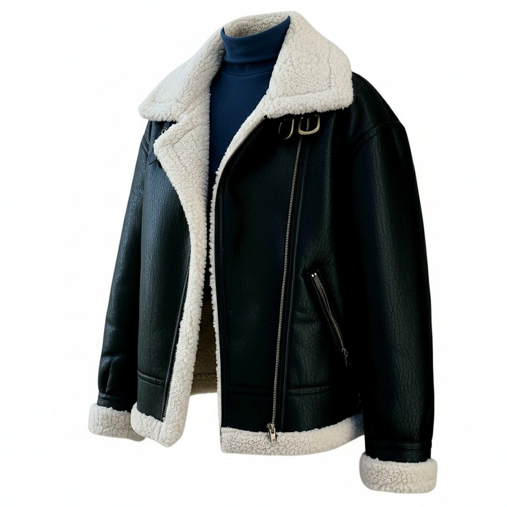 Bold, warm, and timeless — the ultimate Black & White Shearling Leather Jacket for women.