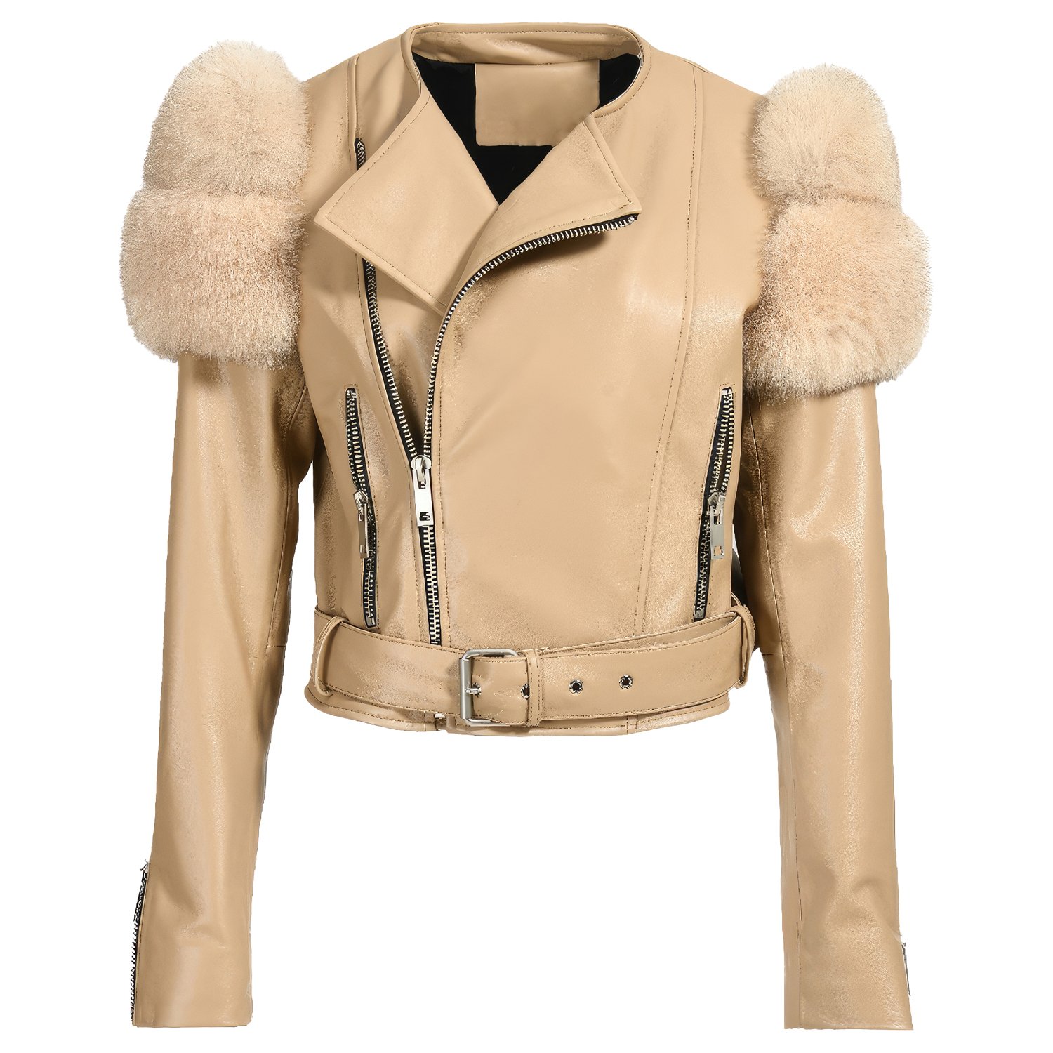 Faux Fur Trimmed Leather Biker Jacket – Cropped & Belted