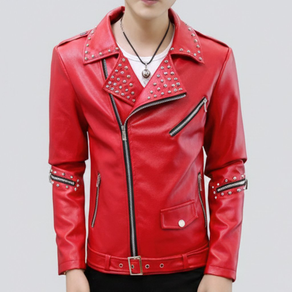 Nosia Men's Red Studded Leather Jacket - Bold and Stylish