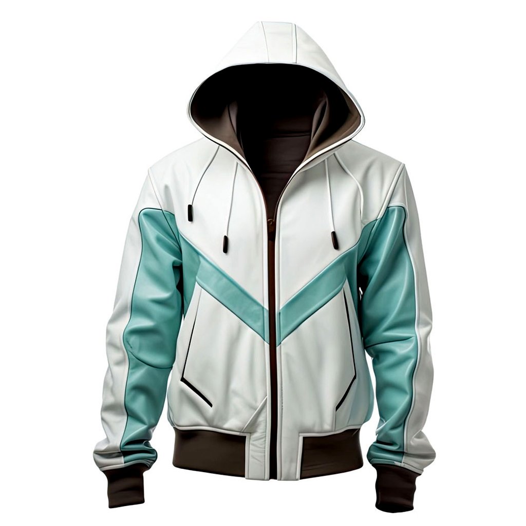 Men’s Premium Sporty Leather Hoodie Jacket – White and Aqua