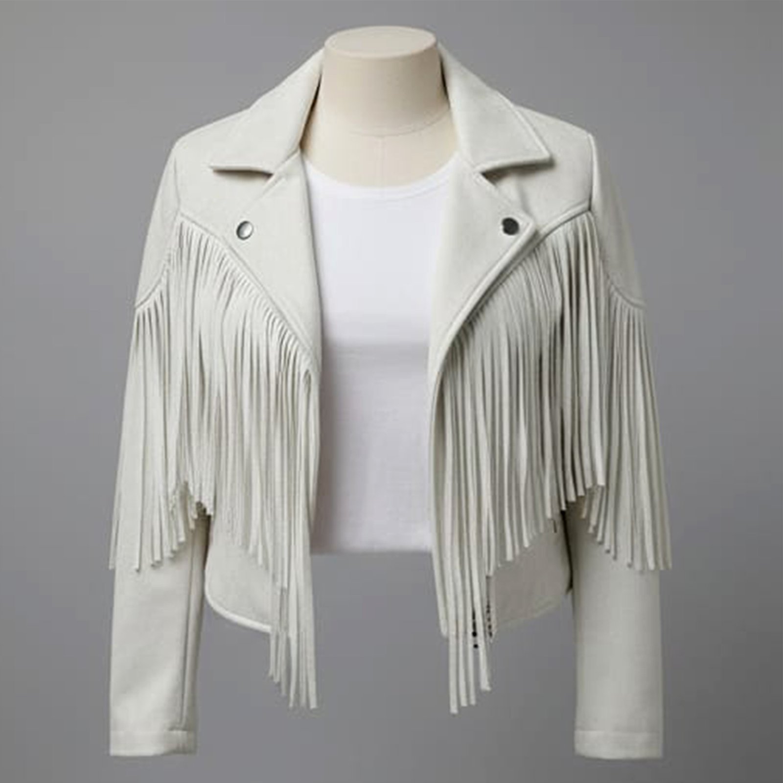 Nosia Women’s White Fringe Leather Cropped Jacket